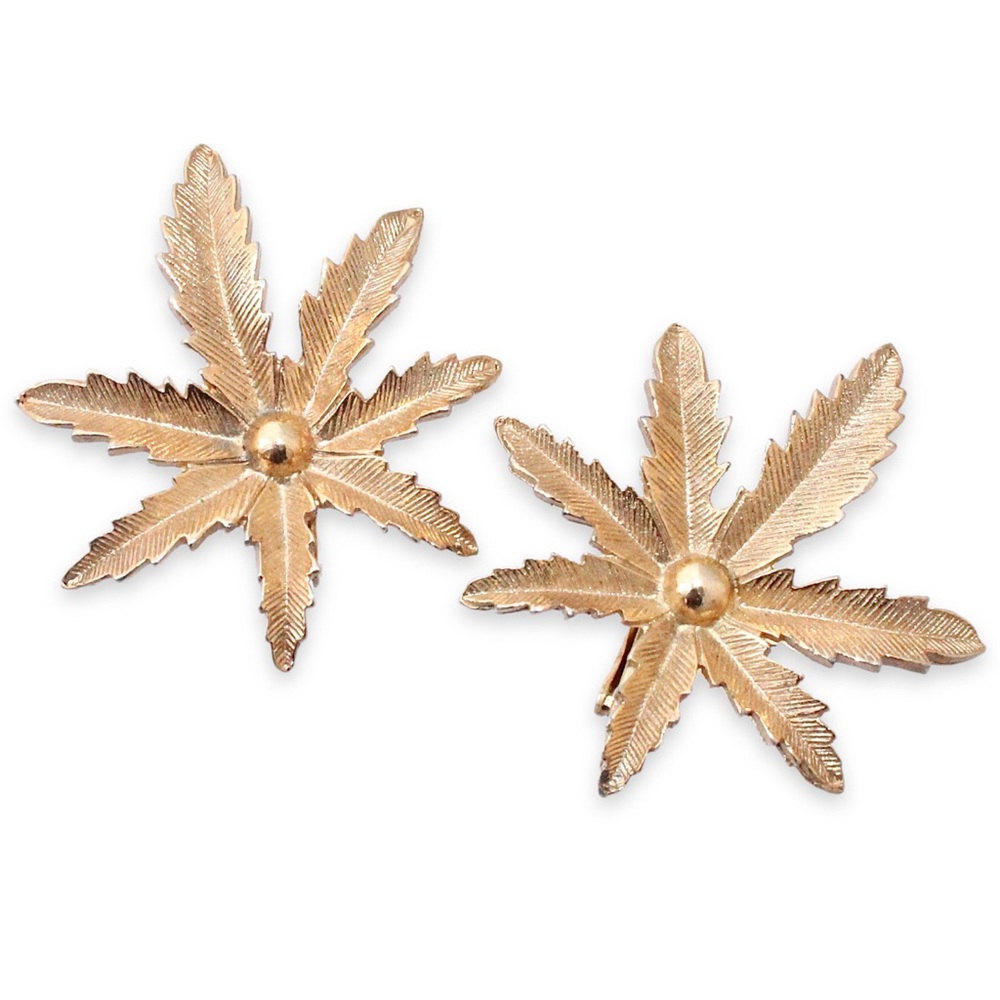Vintage Sarah Coventry Palm Leaf Fern Clip On Earrings Gold Tone Large Statement